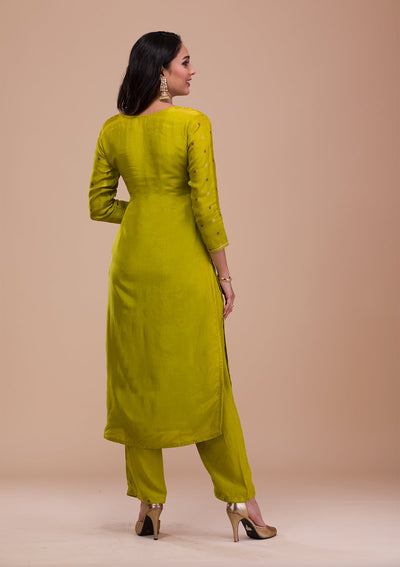 Parrot Green Zariwork Art Silk Readymade Salwar Suit