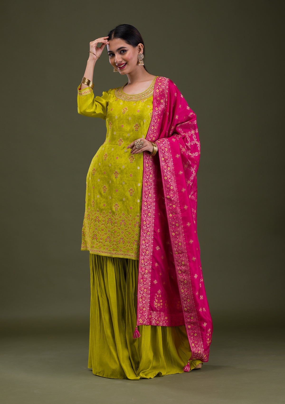 Parrot Green Zariwork Banarasi Readymade Sharara Suit