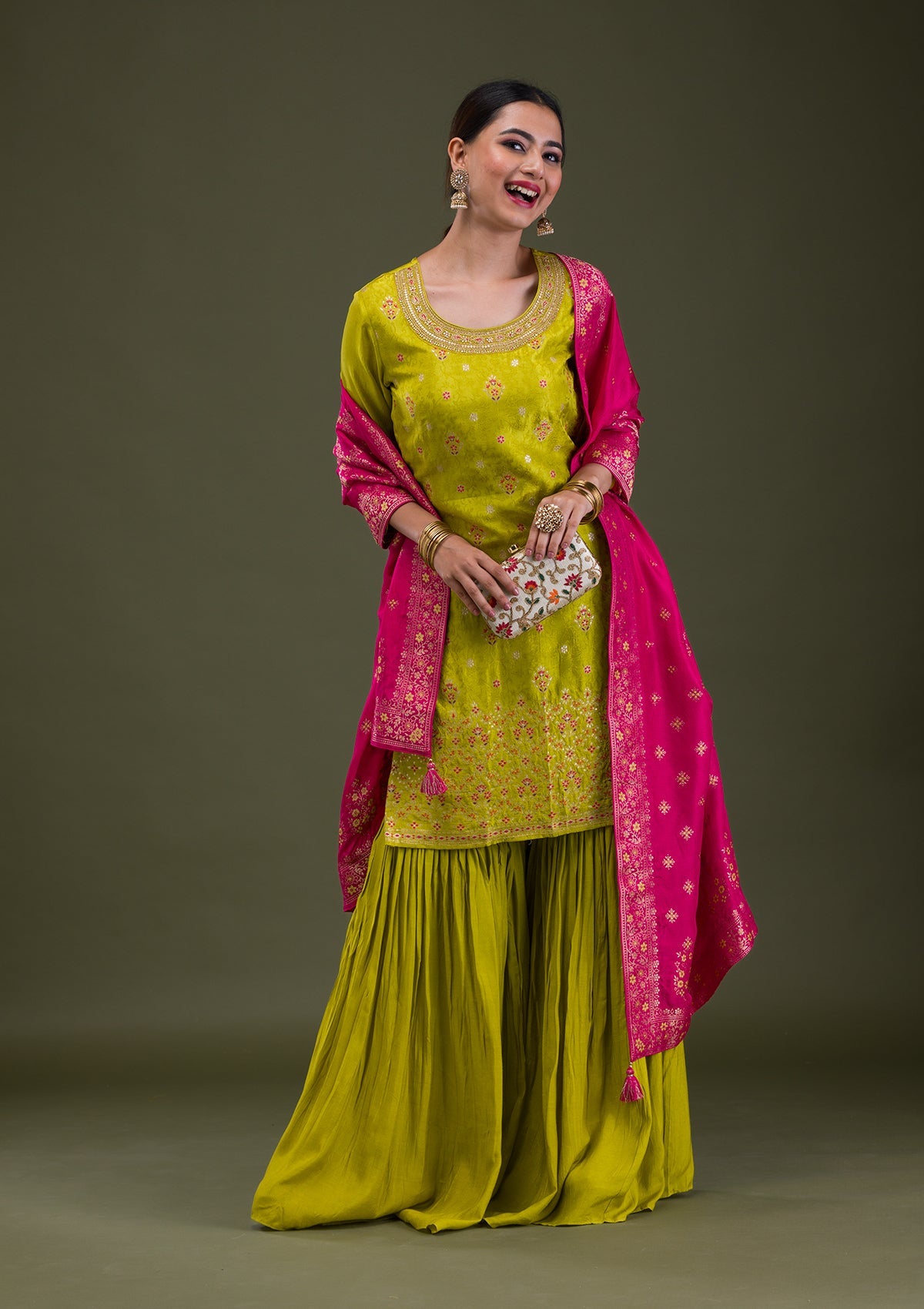 Parrot Green Zariwork Banarasi Readymade Sharara Suit