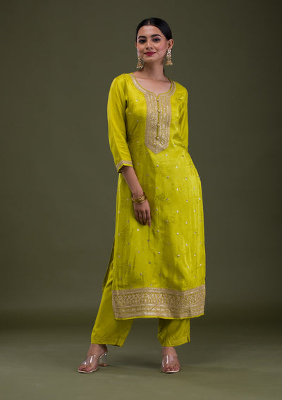 Parrot Green Zariwork Crepe Readymade Salwar Suit