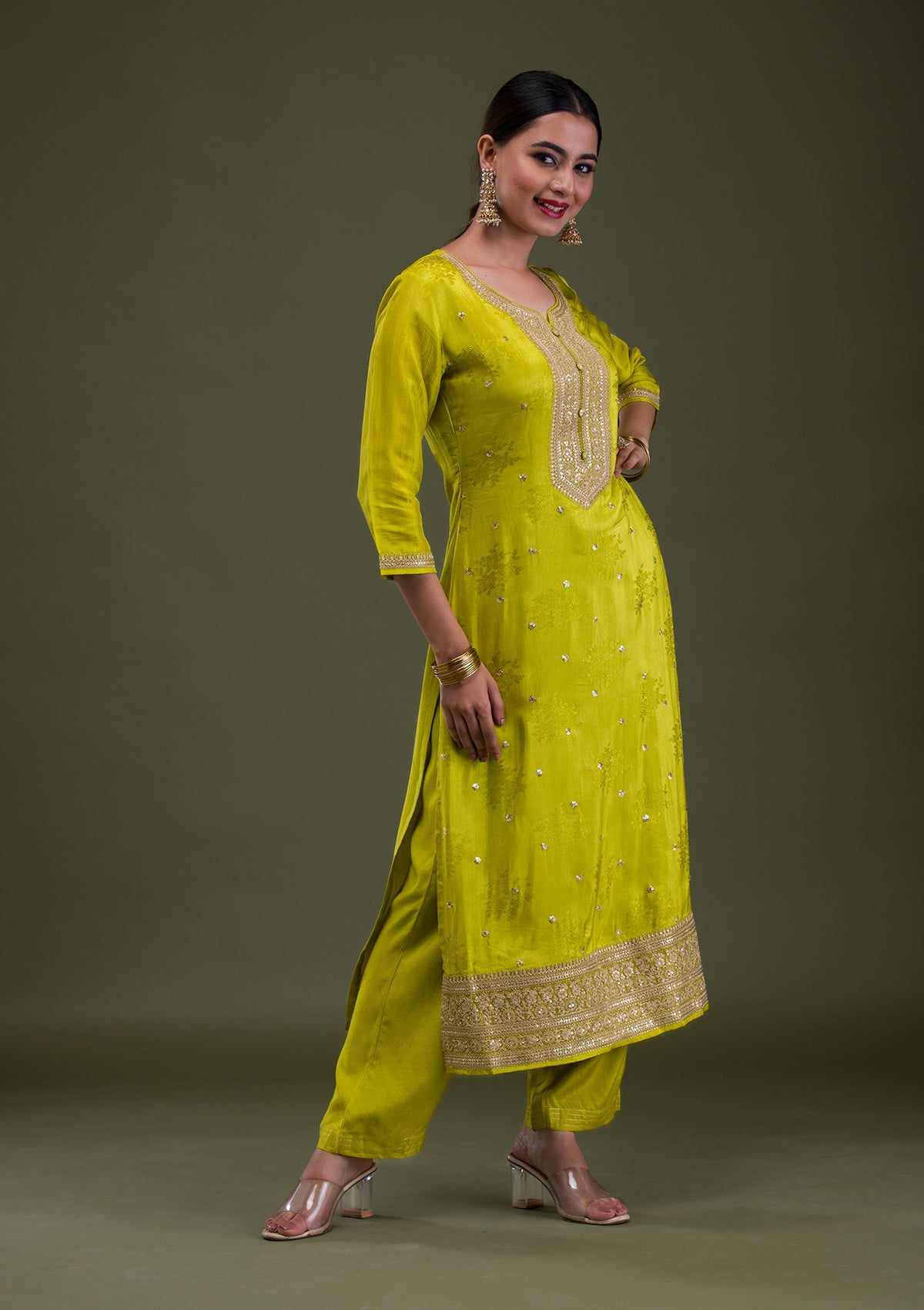 Parrot Green Zariwork Crepe Readymade Salwar Suit