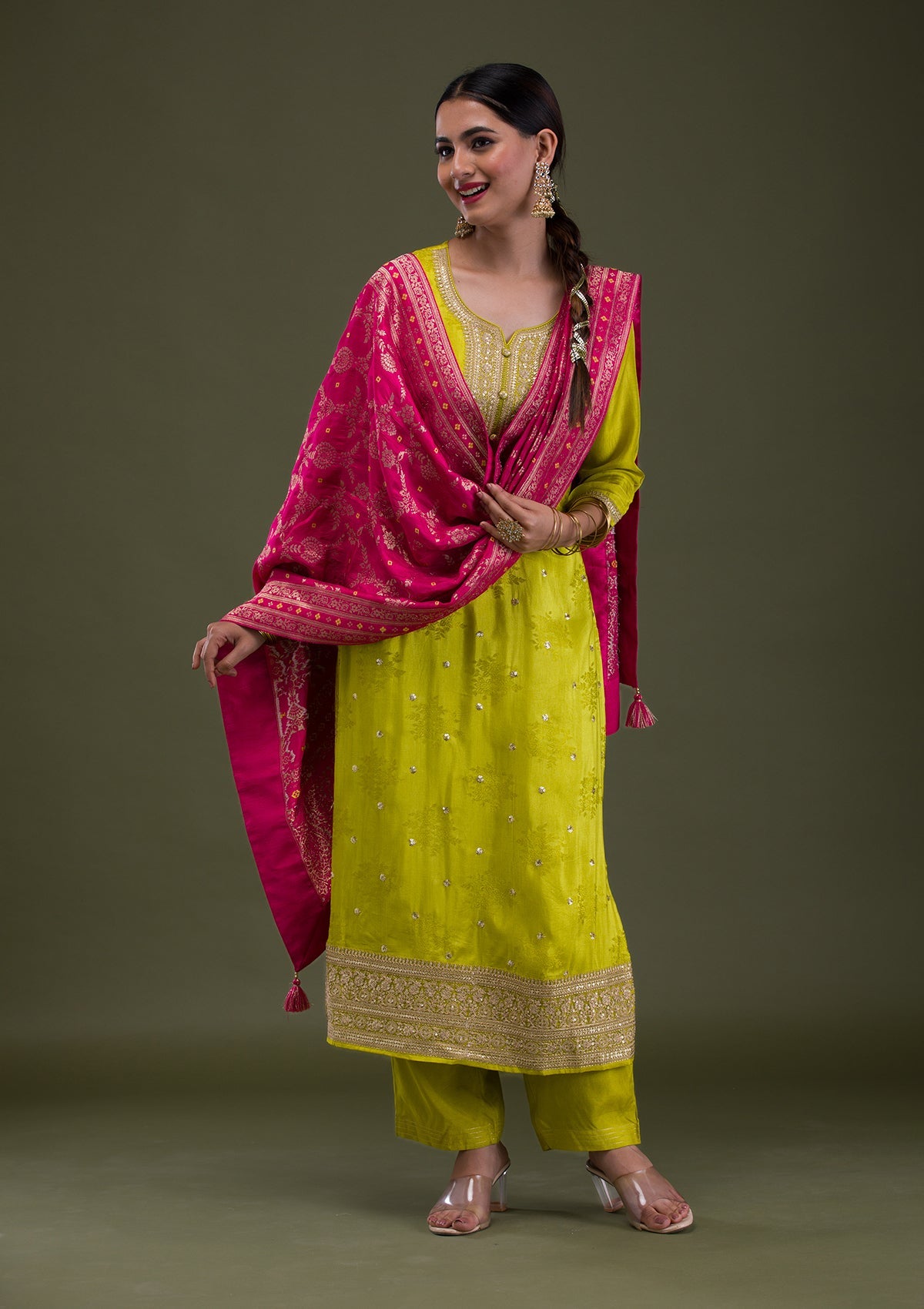 Parrot Green Zariwork Crepe Readymade Salwar Suit