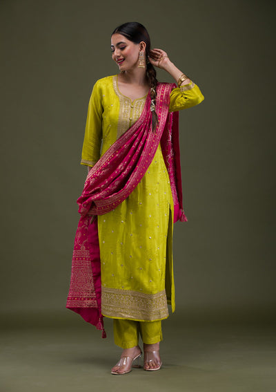 Parrot Green Zariwork Crepe Readymade Salwar Suit