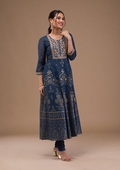 Peacock Blue Printed Crepe Readymade Salwar Suit