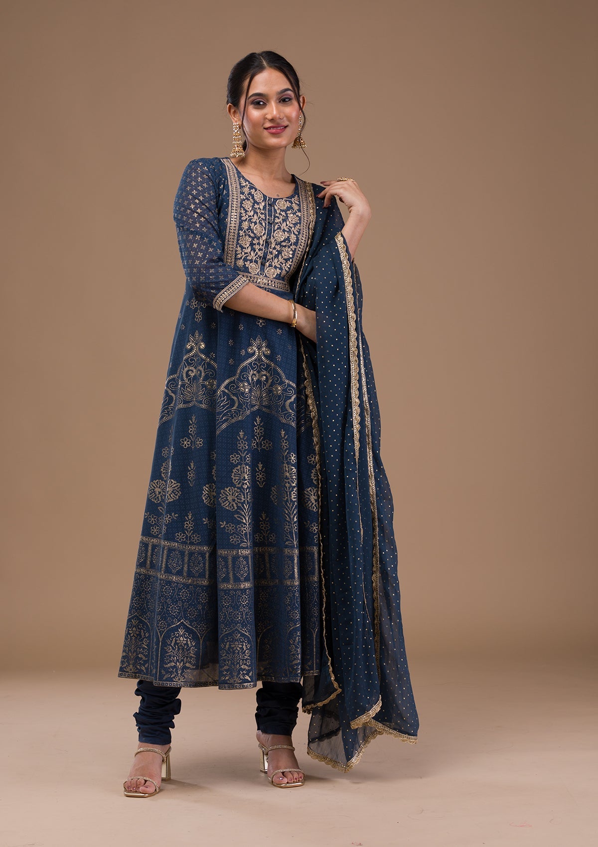 Peacock Blue Printed Crepe Readymade Salwar Suit