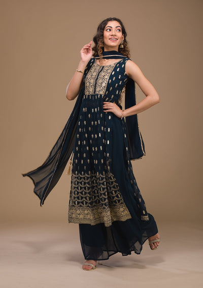 Peacock Blue Zariwork Georgette Readymade Salwar Suit