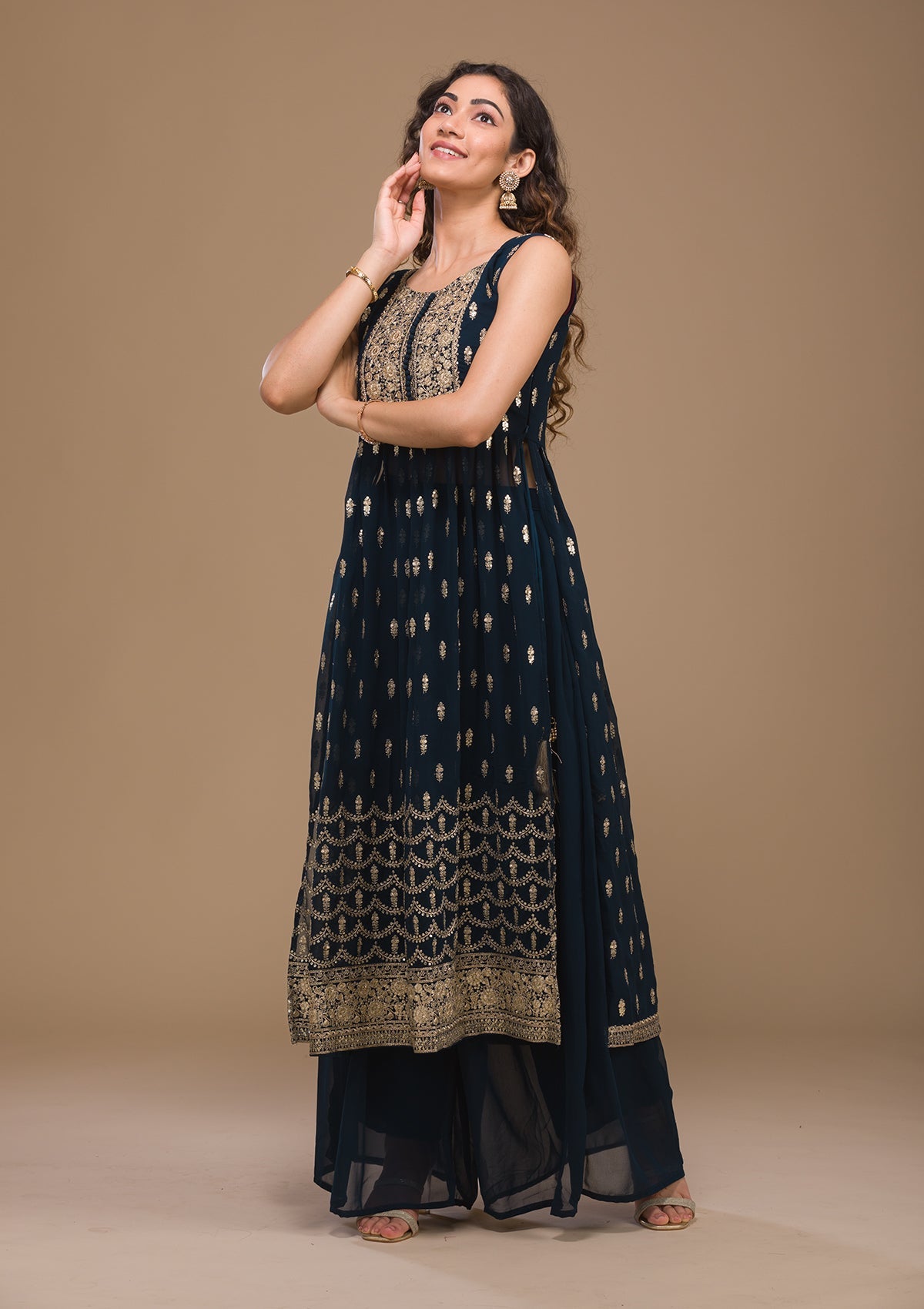 Peacock Blue Zariwork Georgette Readymade Salwar Suit