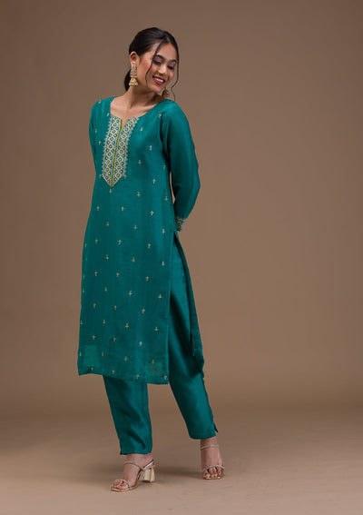 Rama Green Threadwork Raw silk Readymade Salwar Suit