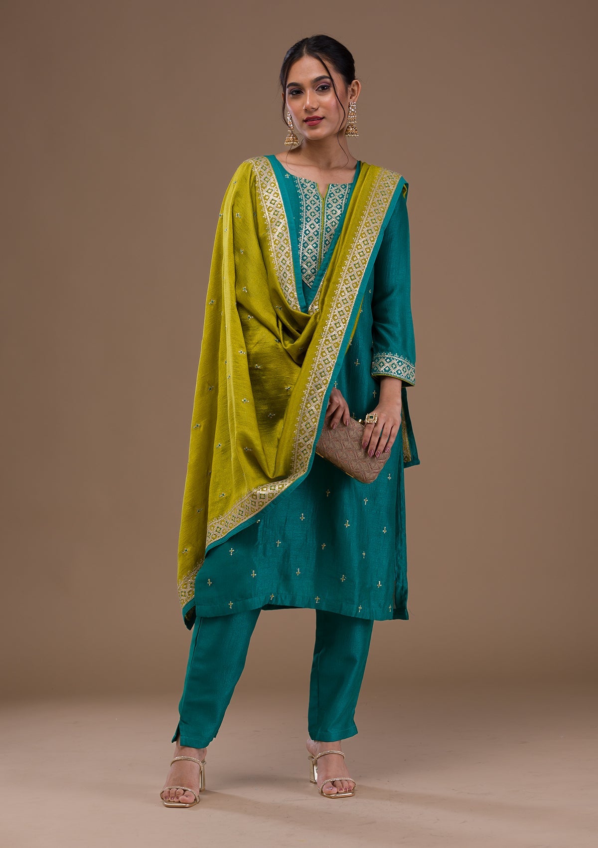 Rama Green Threadwork Raw silk Readymade Salwar Suit