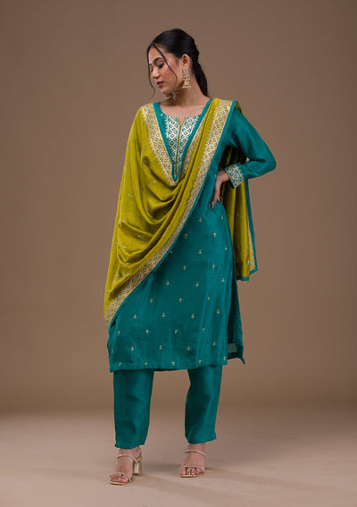 Rama Green Threadwork Raw silk Readymade Salwar Suit