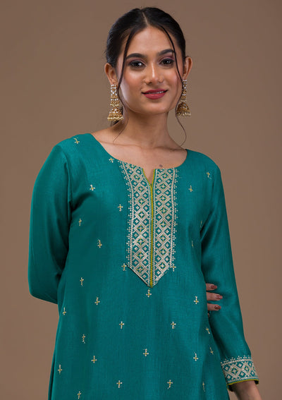 Rama Green Threadwork Raw silk Readymade Salwar Suit