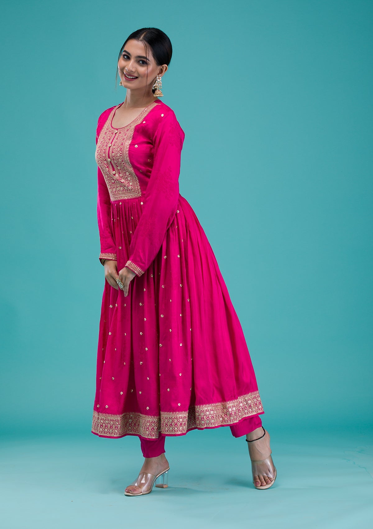 Rani Pink Zariwork Crepe Readymade Salwar Suit