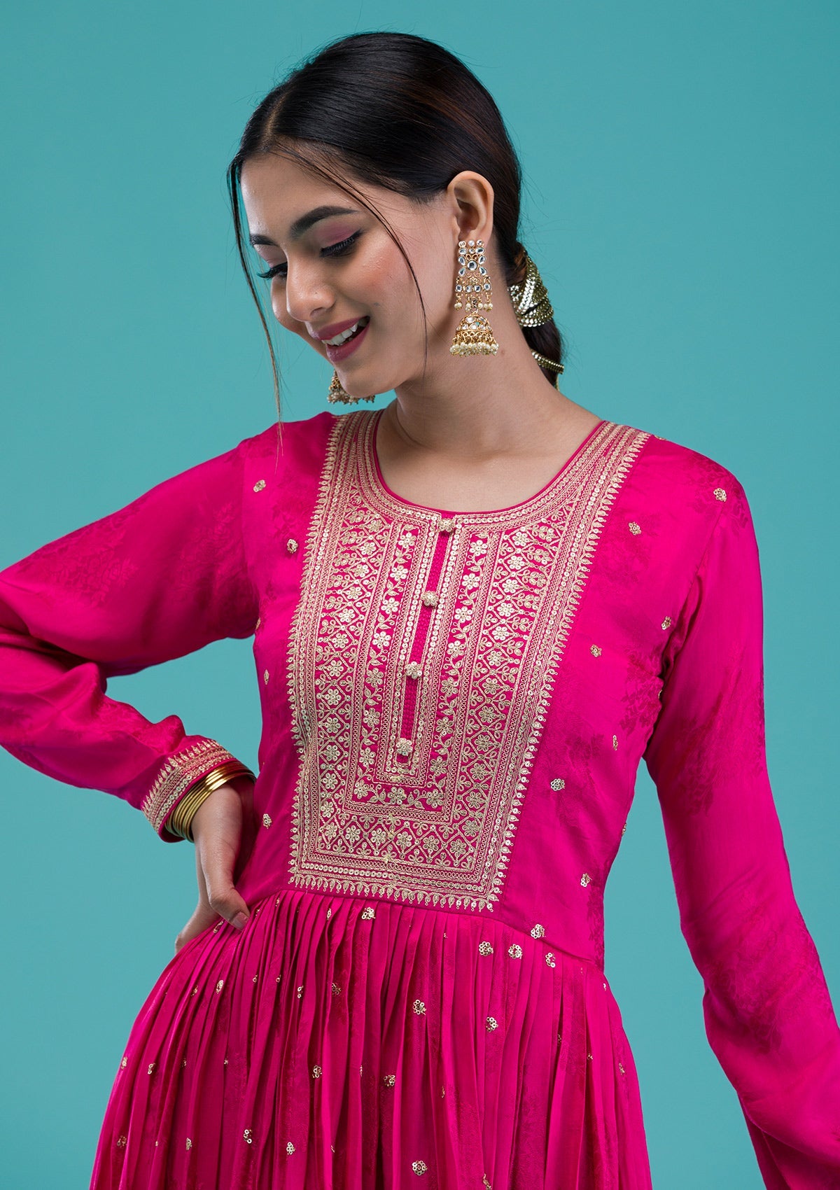 Rani Pink Zariwork Crepe Readymade Salwar Suit