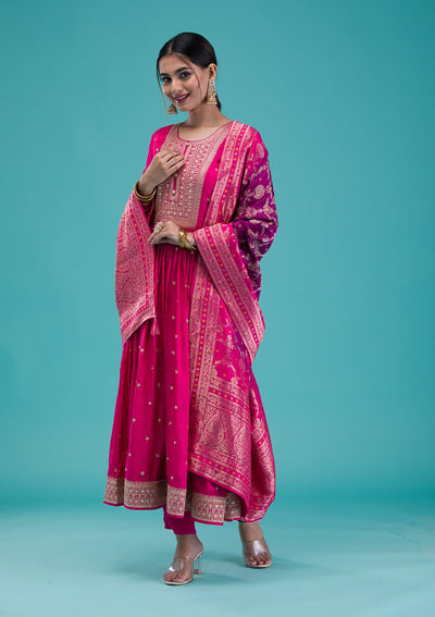 Rani Pink Zariwork Crepe Readymade Salwar Suit