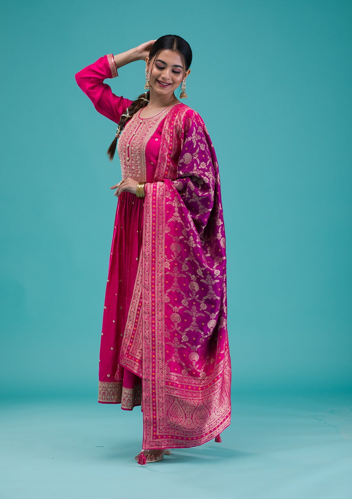 Rani Pink Zariwork Crepe Readymade Salwar Suit