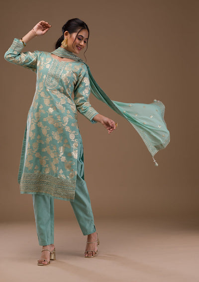 Sea Green Threadwork Banarasi Readymade Salwar Suit