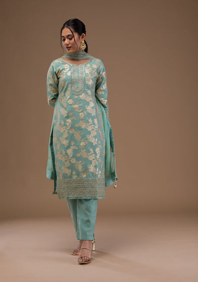 Sea Green Threadwork Banarasi Readymade Salwar Suit