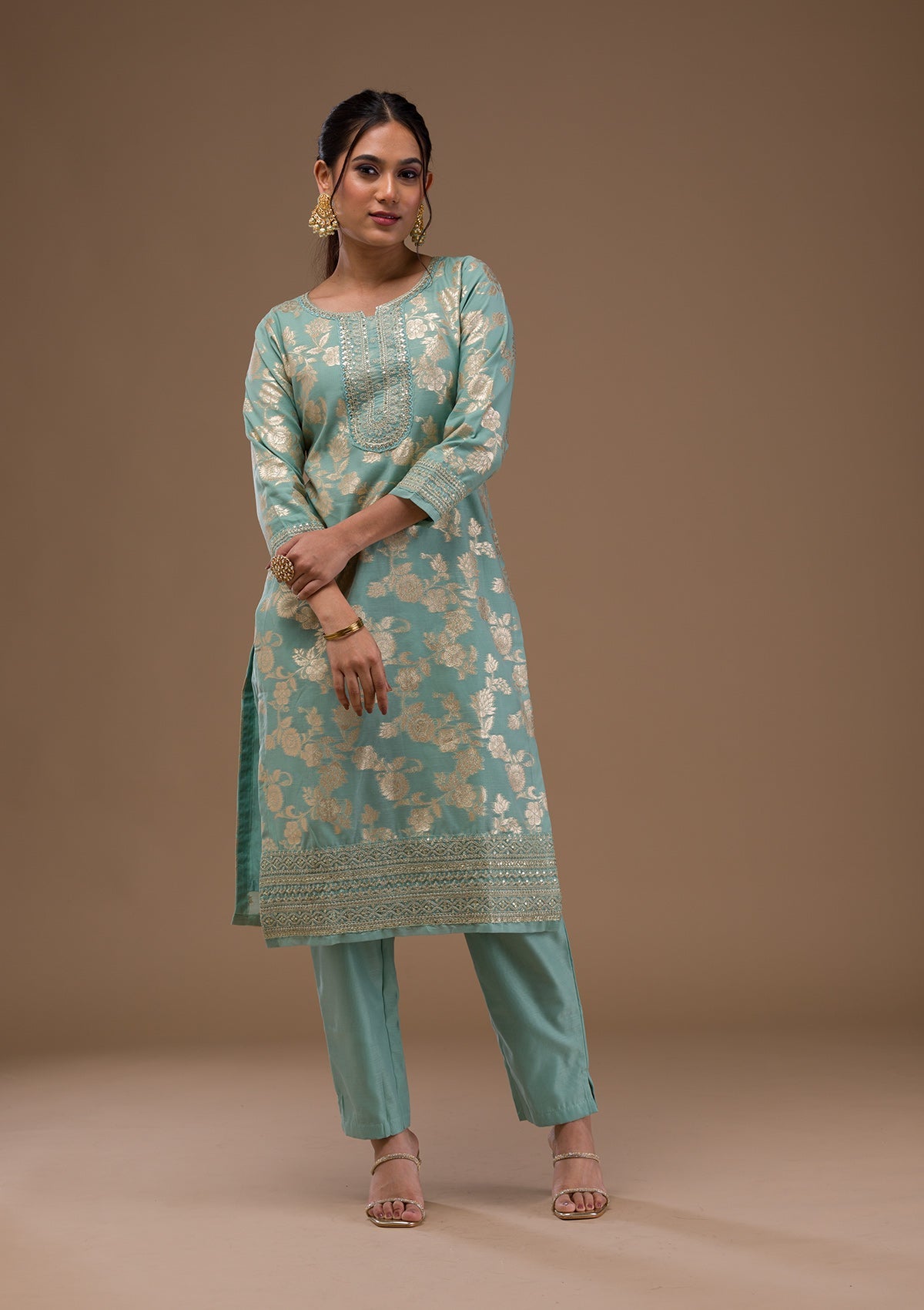 Sea Green Threadwork Banarasi Readymade Salwar Suit