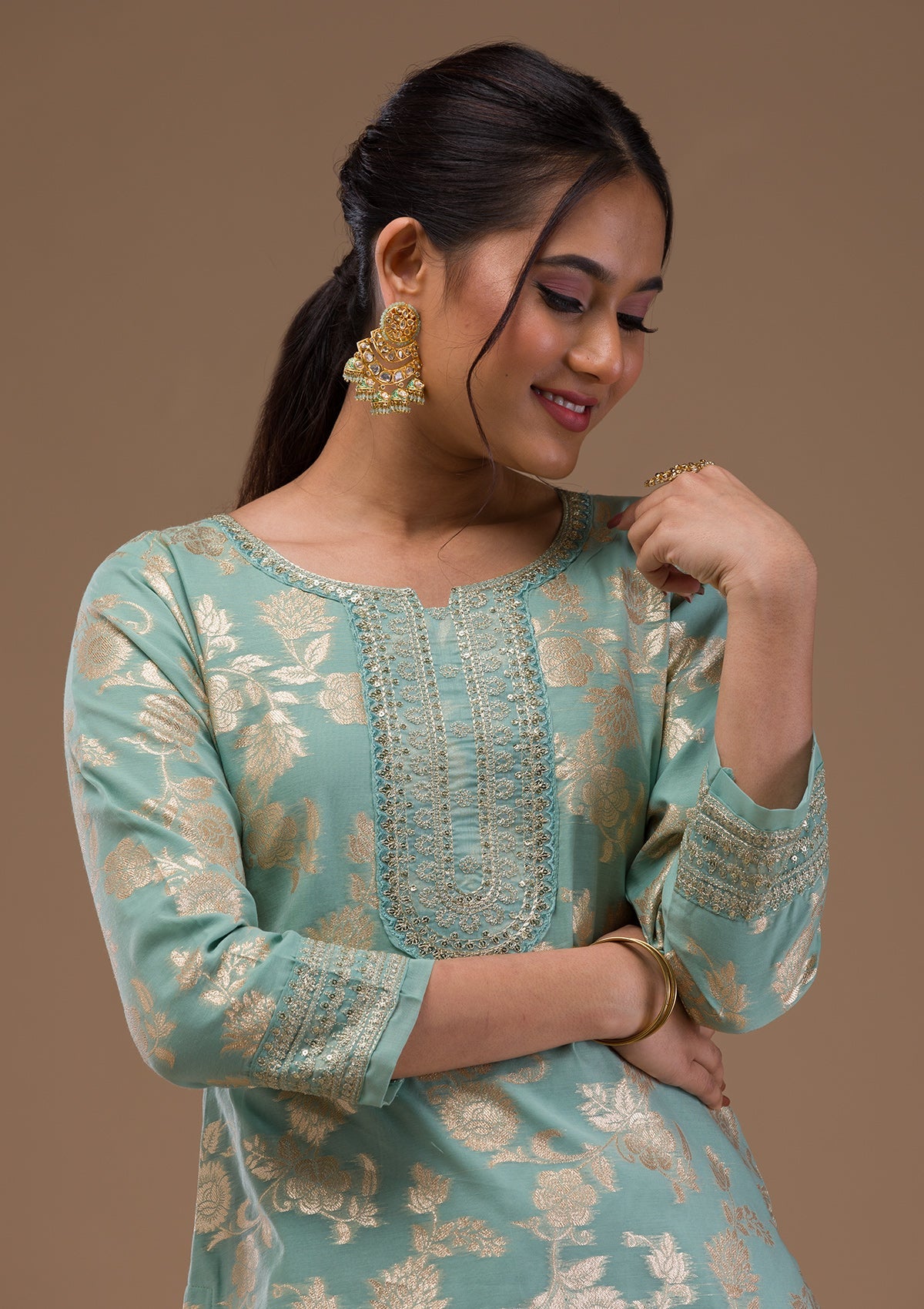 Sea Green Threadwork Banarasi Readymade Salwar Suit