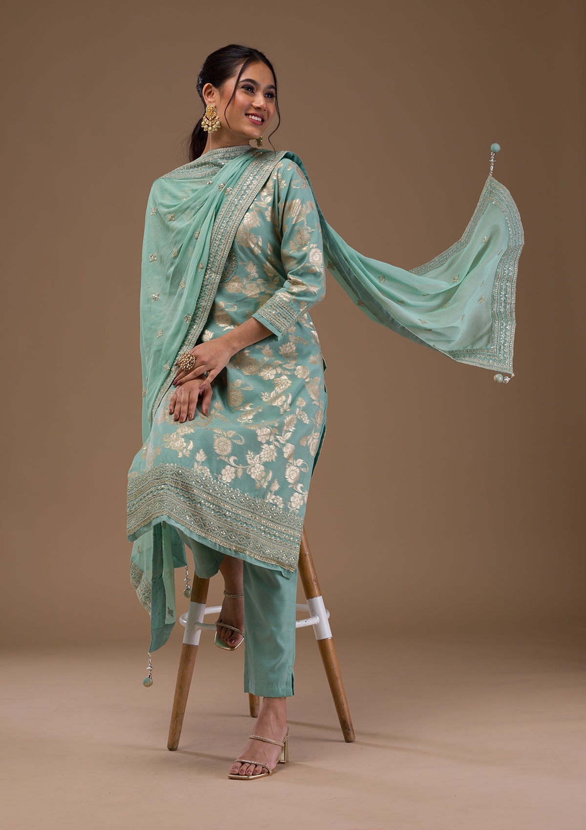 Sea Green Threadwork Banarasi Readymade Salwar Suit