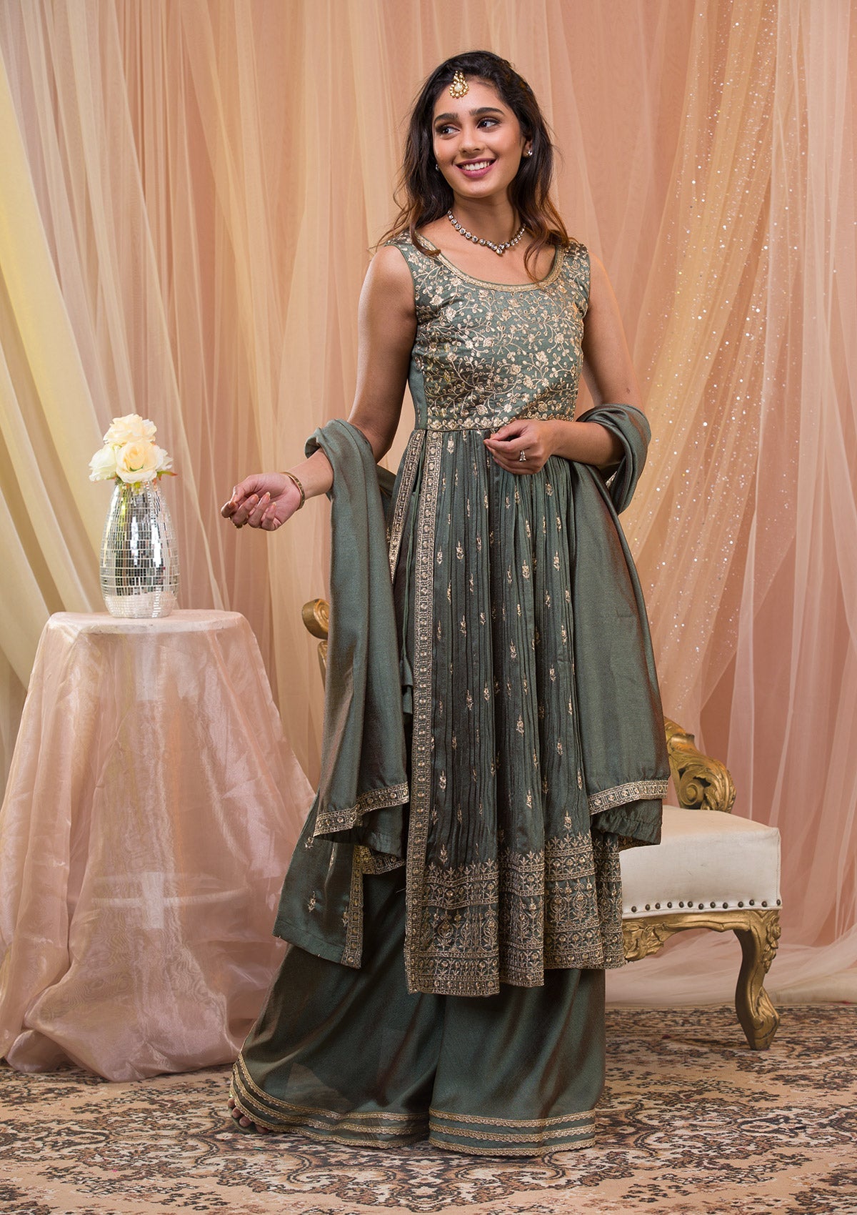 Sea Green Zariwork Art Silk Readymade Sharara Suit