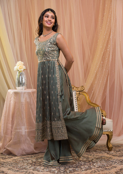 Sea Green Zariwork Art Silk Readymade Sharara Suit