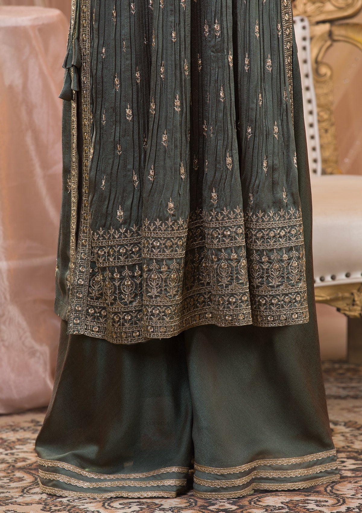 Sea Green Zariwork Art Silk Readymade Sharara Suit