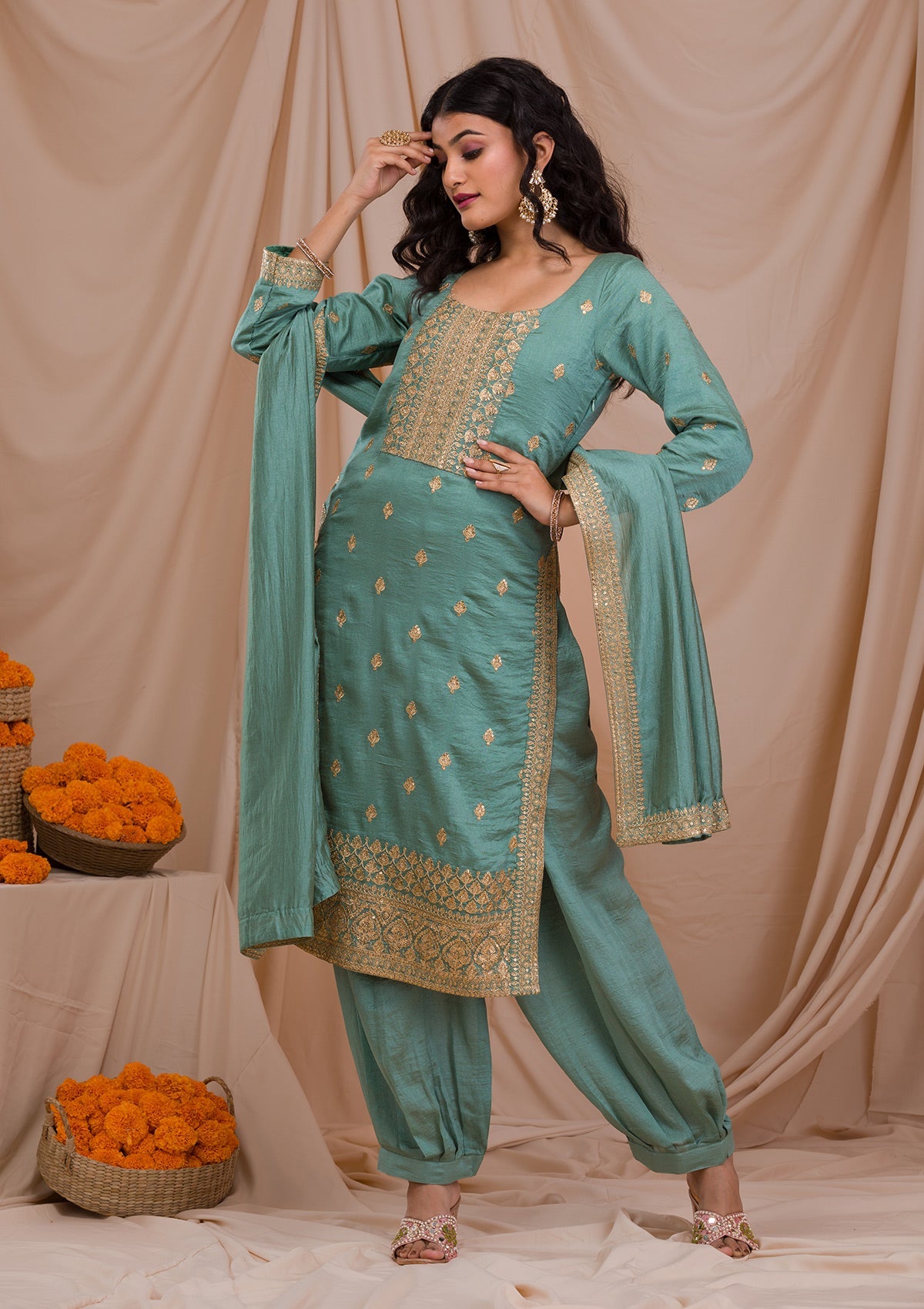 Sea Green Zariwork Art Silk Readymade Salwar Suit