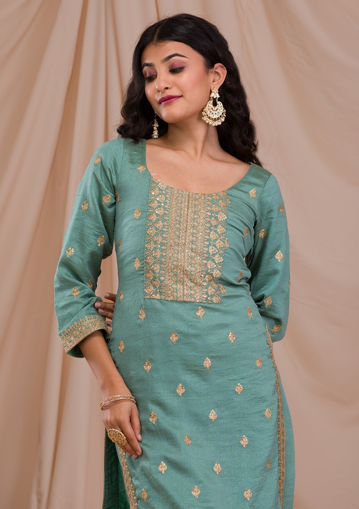 Sea Green Zariwork Art Silk Readymade Salwar Suit