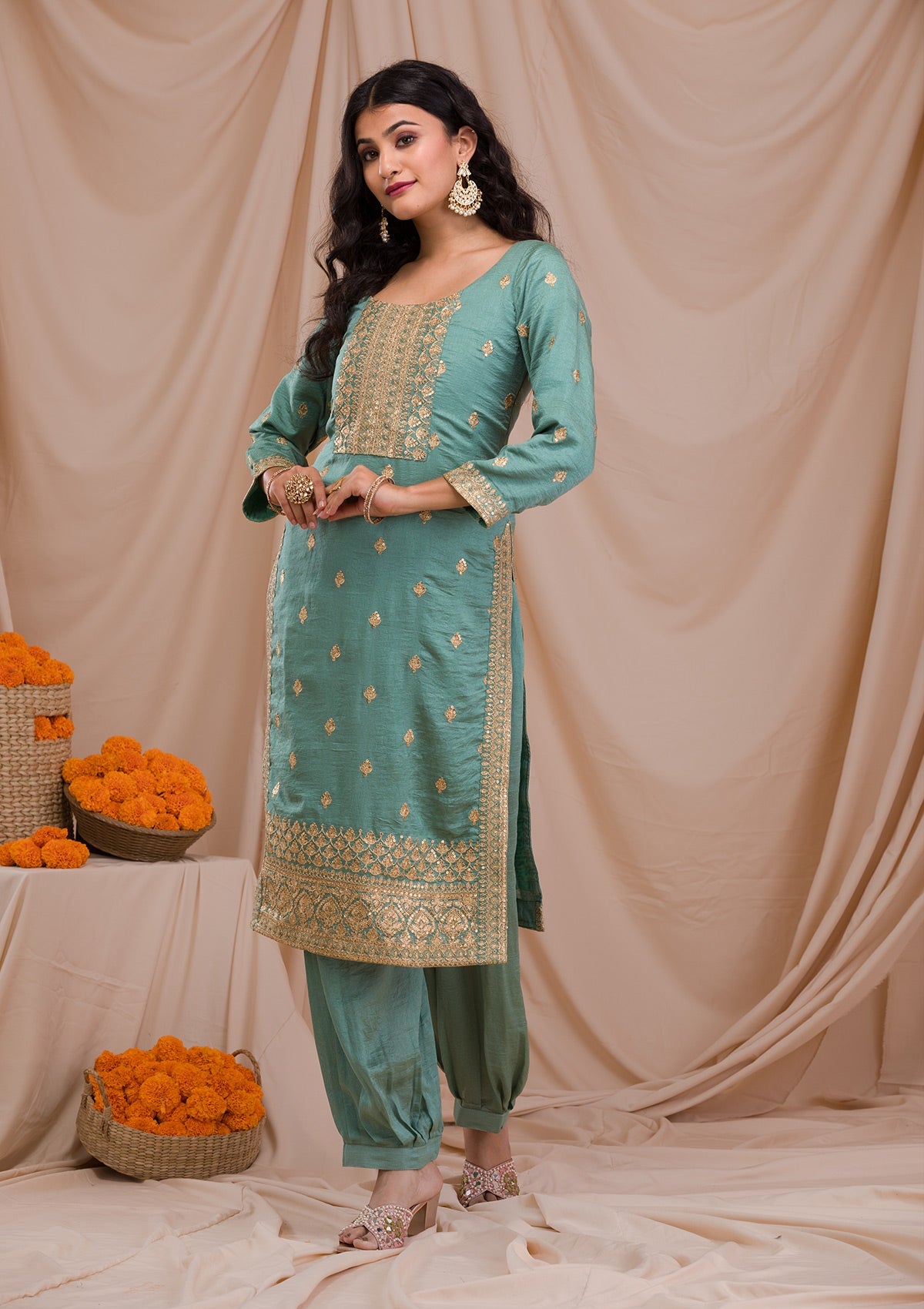 Sea Green Zariwork Art Silk Readymade Salwar Suit