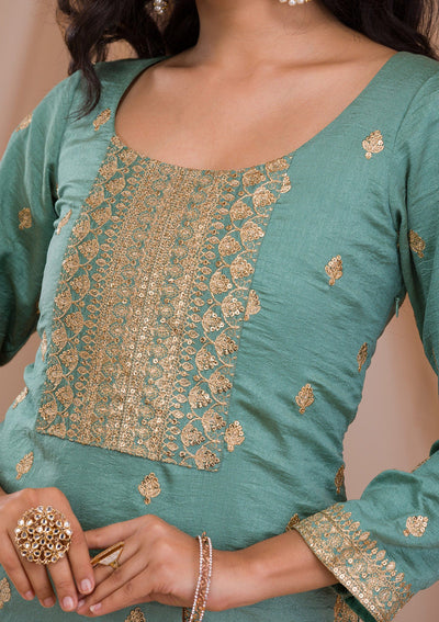 Sea Green Zariwork Art Silk Readymade Salwar Suit