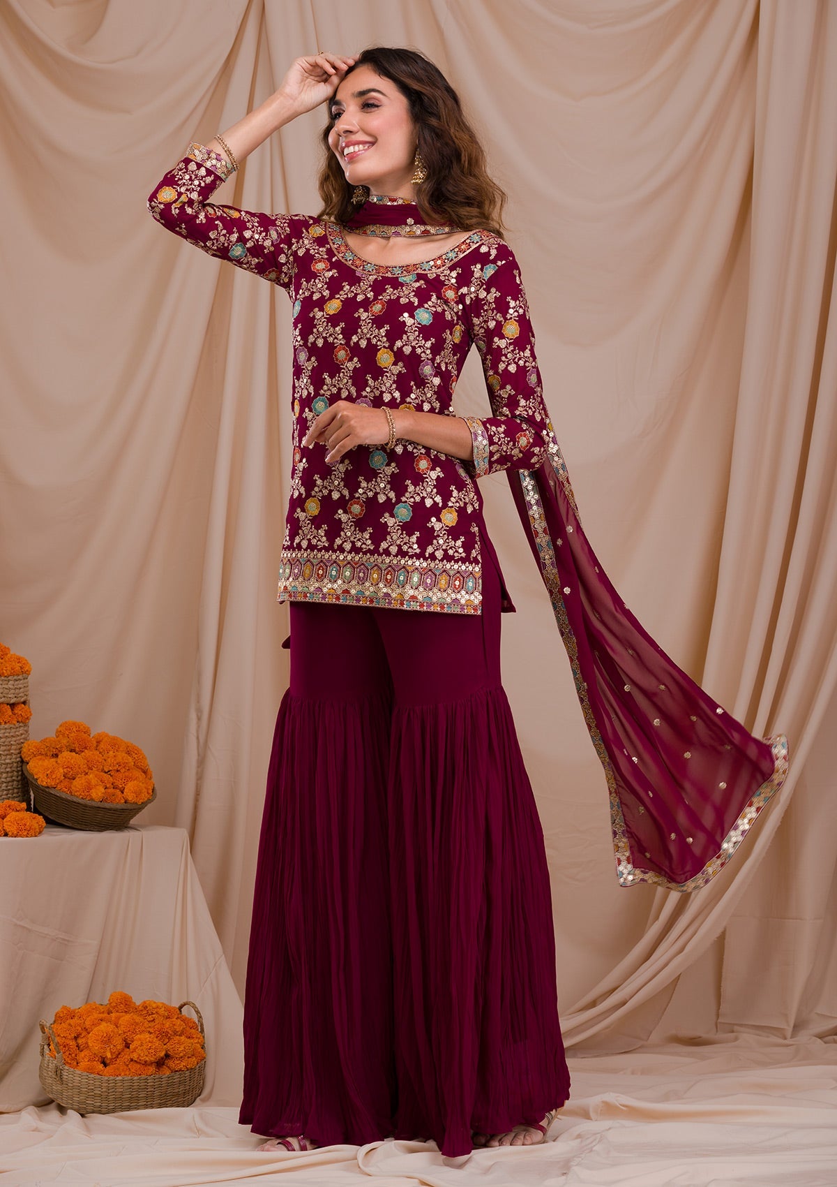 Wine Zariwork Georgette Readymade Sharara Suit