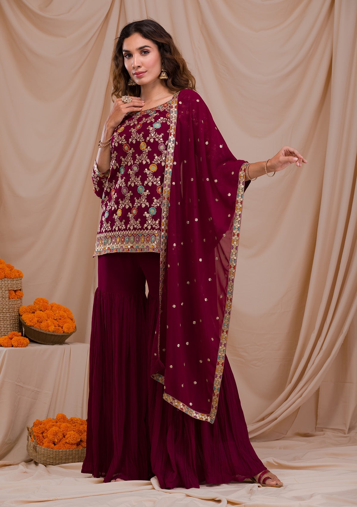 Wine Zariwork Georgette Readymade Sharara Suit