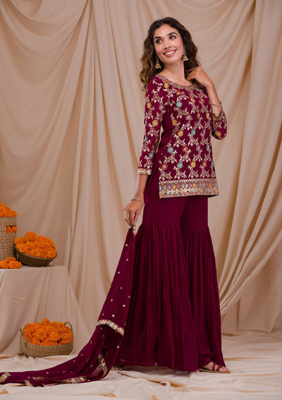 Wine Zariwork Georgette Readymade Sharara Suit