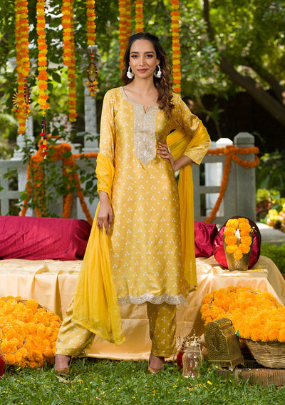 Yellow Bandhani Semi Crepe Readymade Salwar Suit