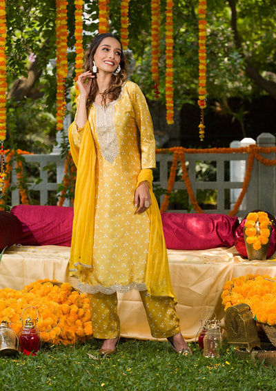 Yellow Bandhani Semi Crepe Readymade Salwar Suit