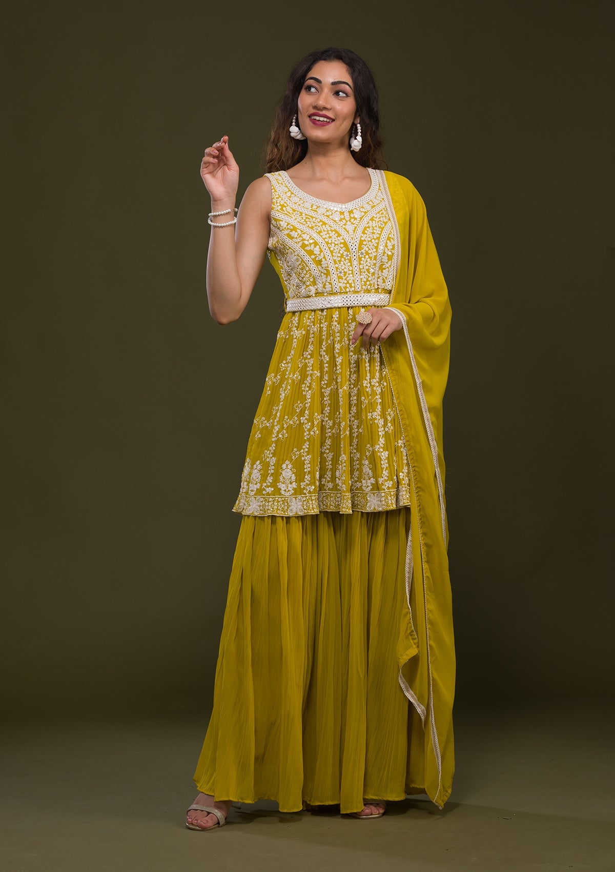 Yellow Threadwork Georgette Readymade Sharara Suit