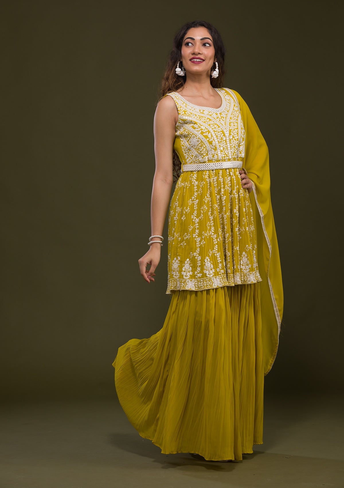 Yellow Threadwork Georgette Readymade Sharara Suit