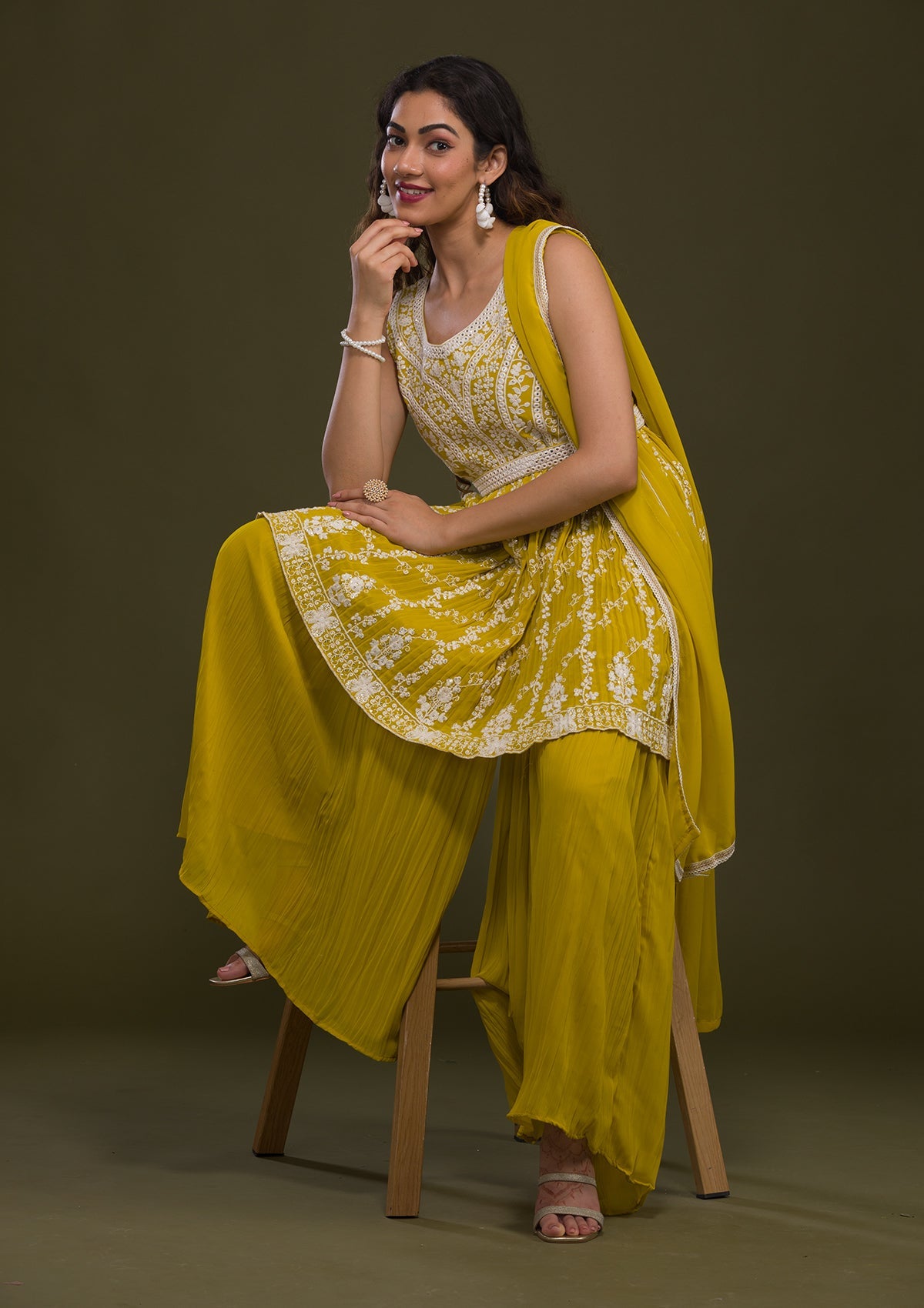 Yellow Threadwork Georgette Readymade Sharara Suit