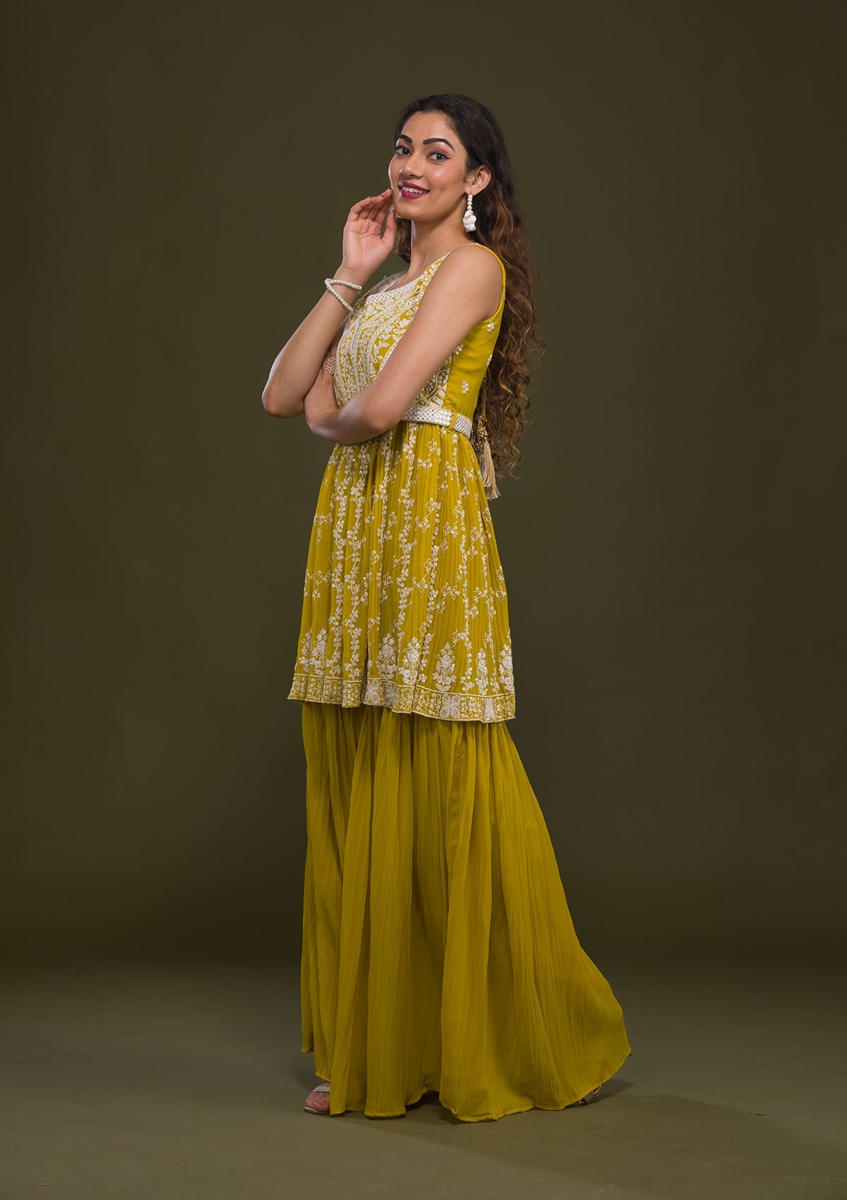 Yellow Threadwork Georgette Readymade Sharara Suit