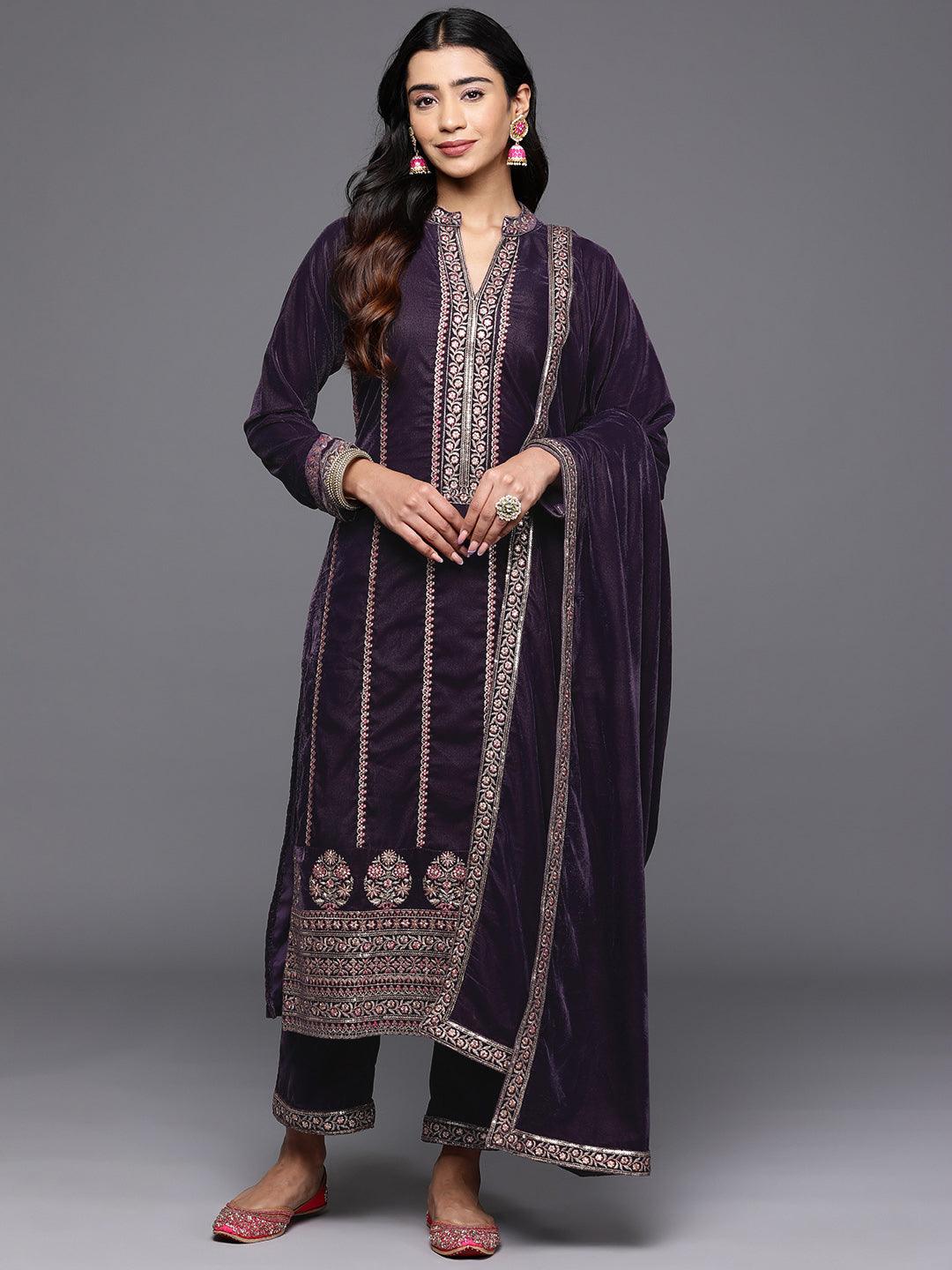 Grey Embroidered Velvet Straight Suit With Dupatta