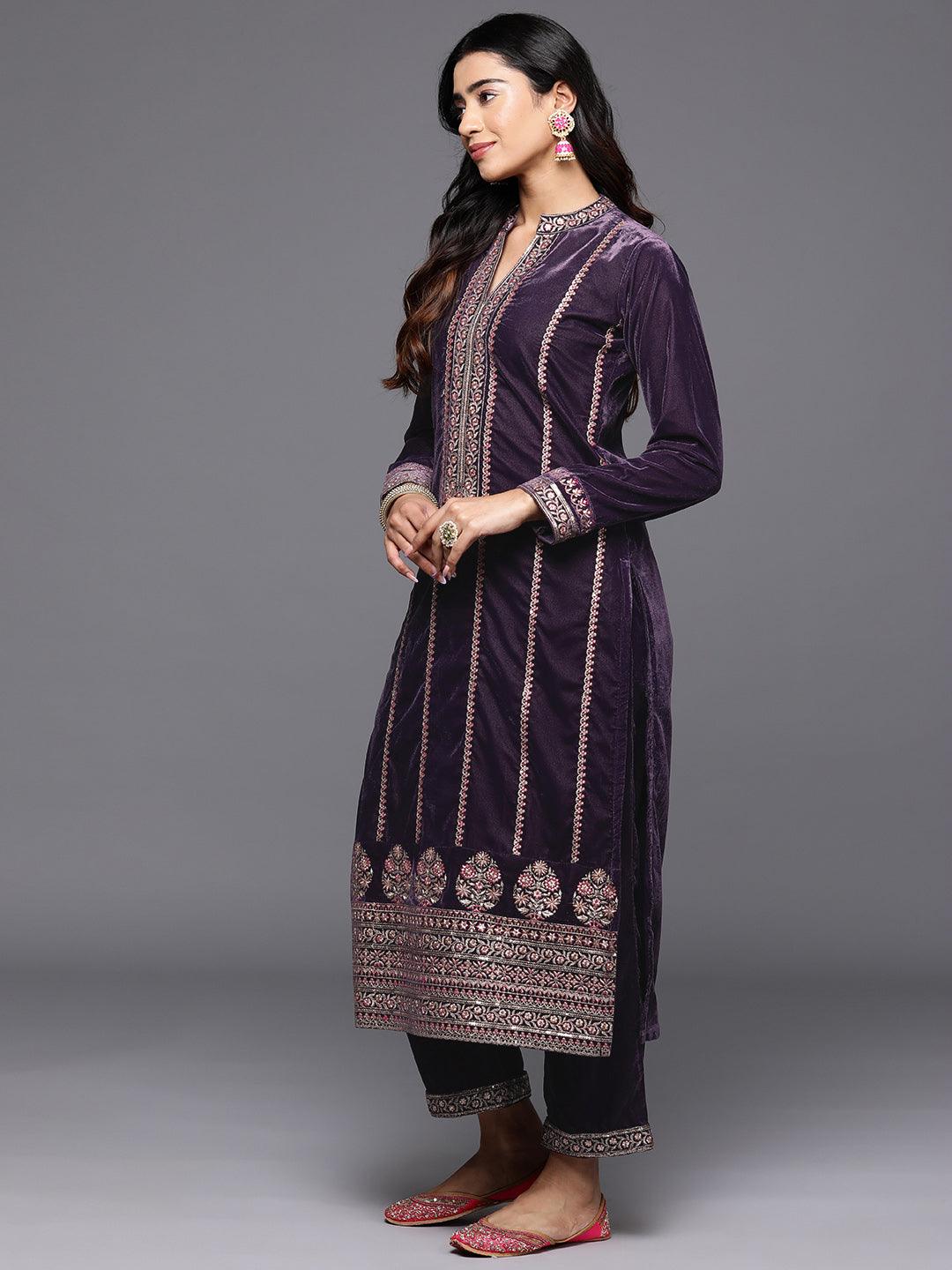 Grey Embroidered Velvet Straight Suit With Dupatta