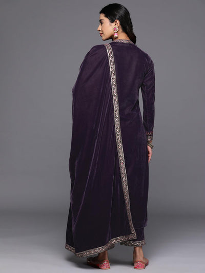 Grey Embroidered Velvet Straight Suit With Dupatta