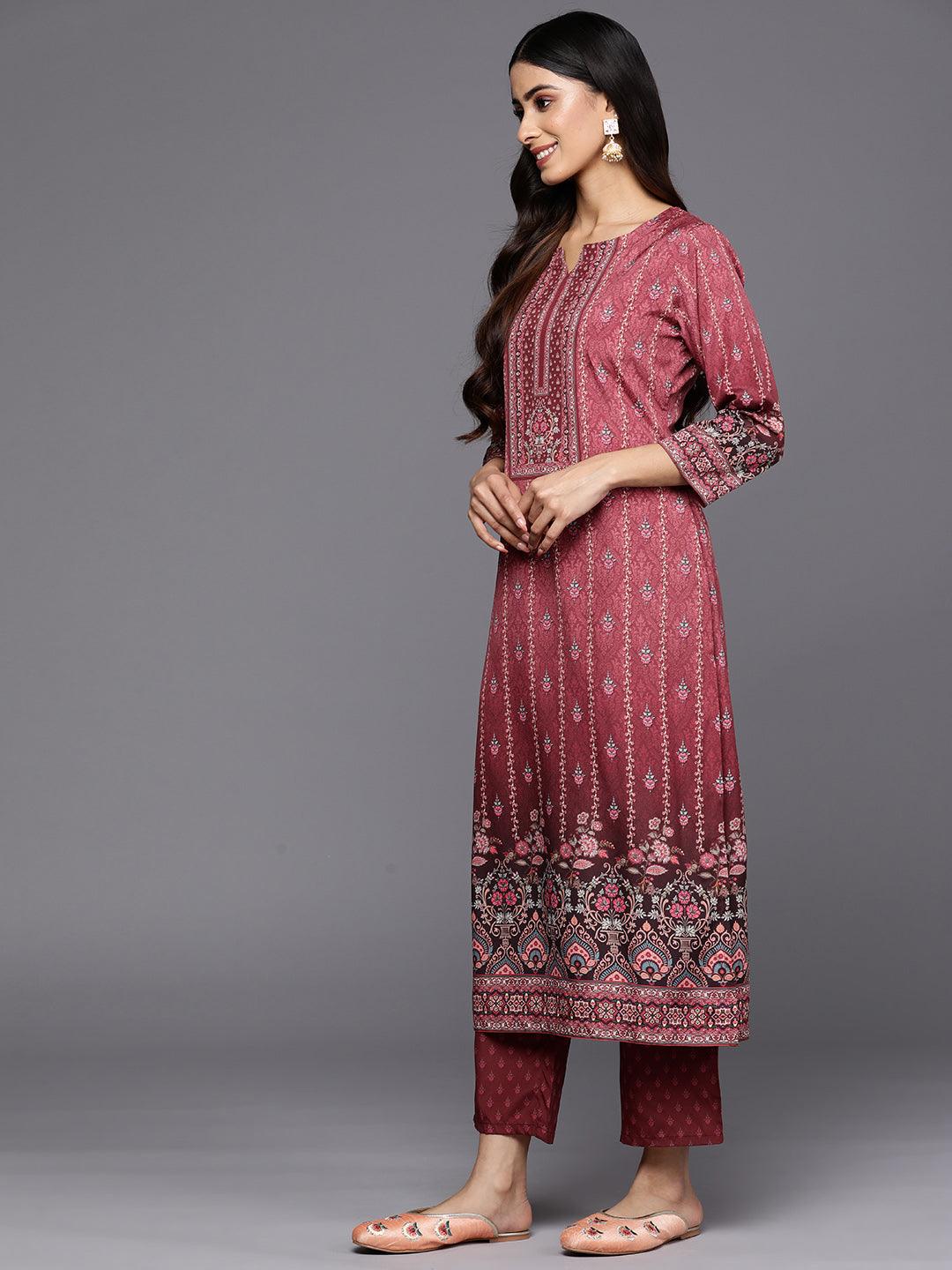 Maroon Printed Crepe Straight Kurta With Trousers & Dupatta