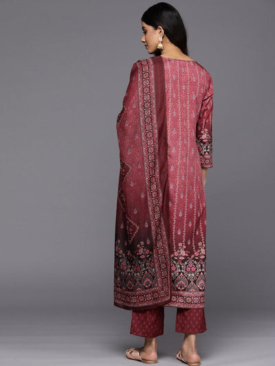 Maroon Printed Crepe Straight Kurta With Trousers & Dupatta