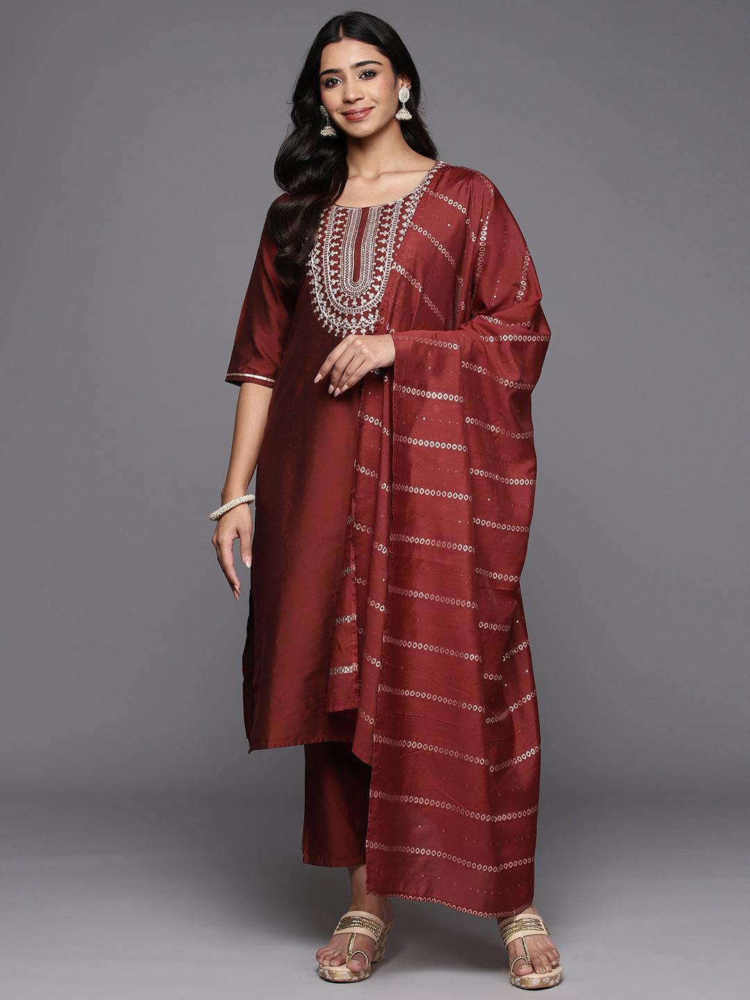 Maroon Yoke Design Silk Blend Straight Suit With Dupatta