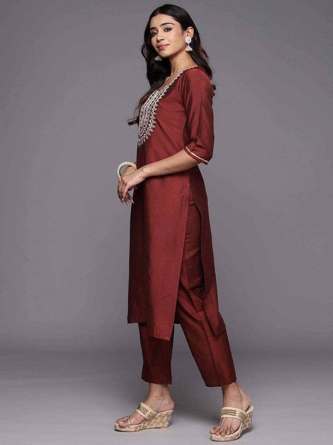 Maroon Yoke Design Silk Blend Straight Suit With Dupatta