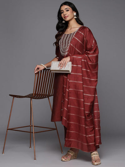 Maroon Yoke Design Silk Blend Straight Suit With Dupatta