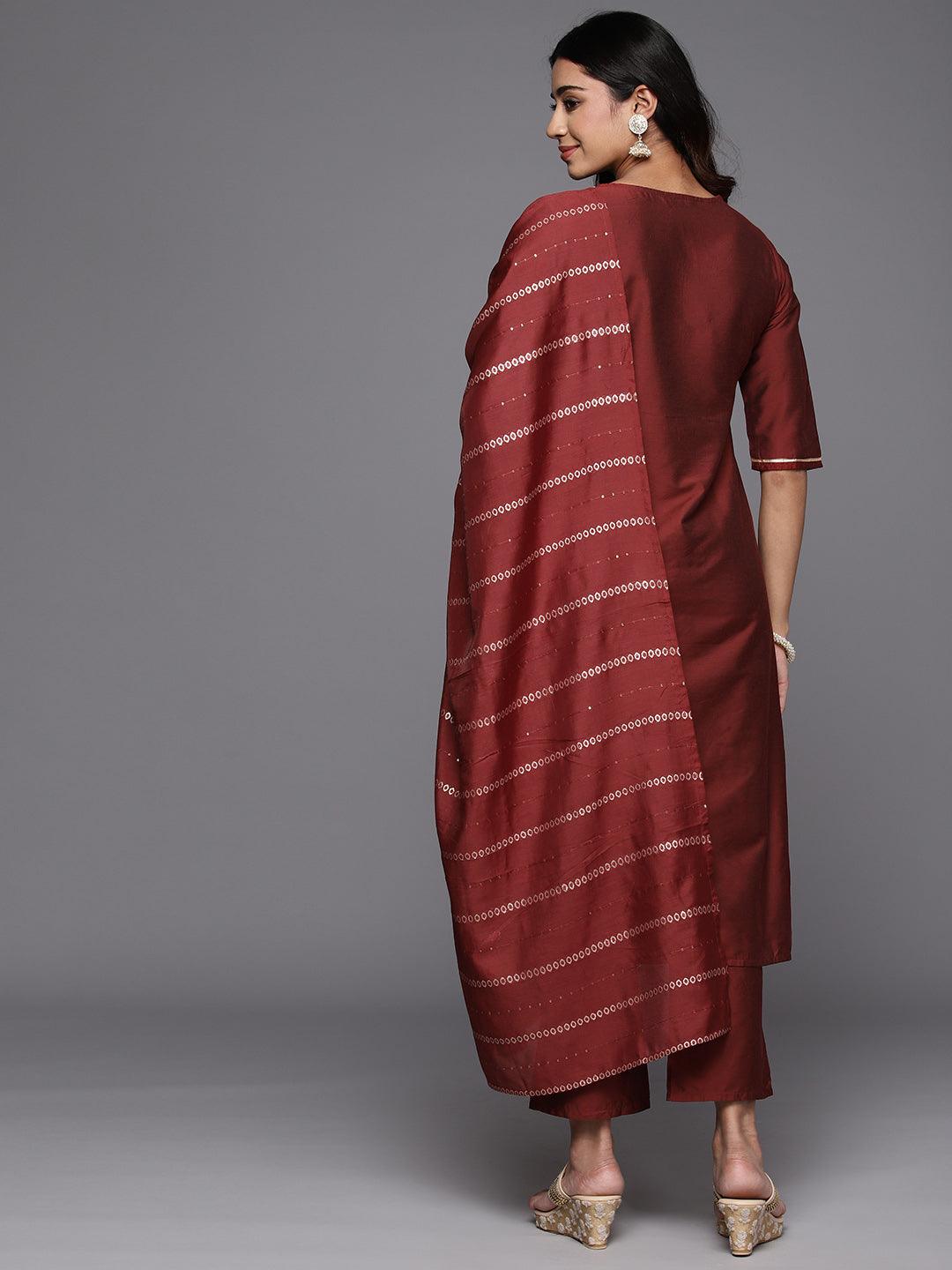 Maroon Yoke Design Silk Blend Straight Suit With Dupatta