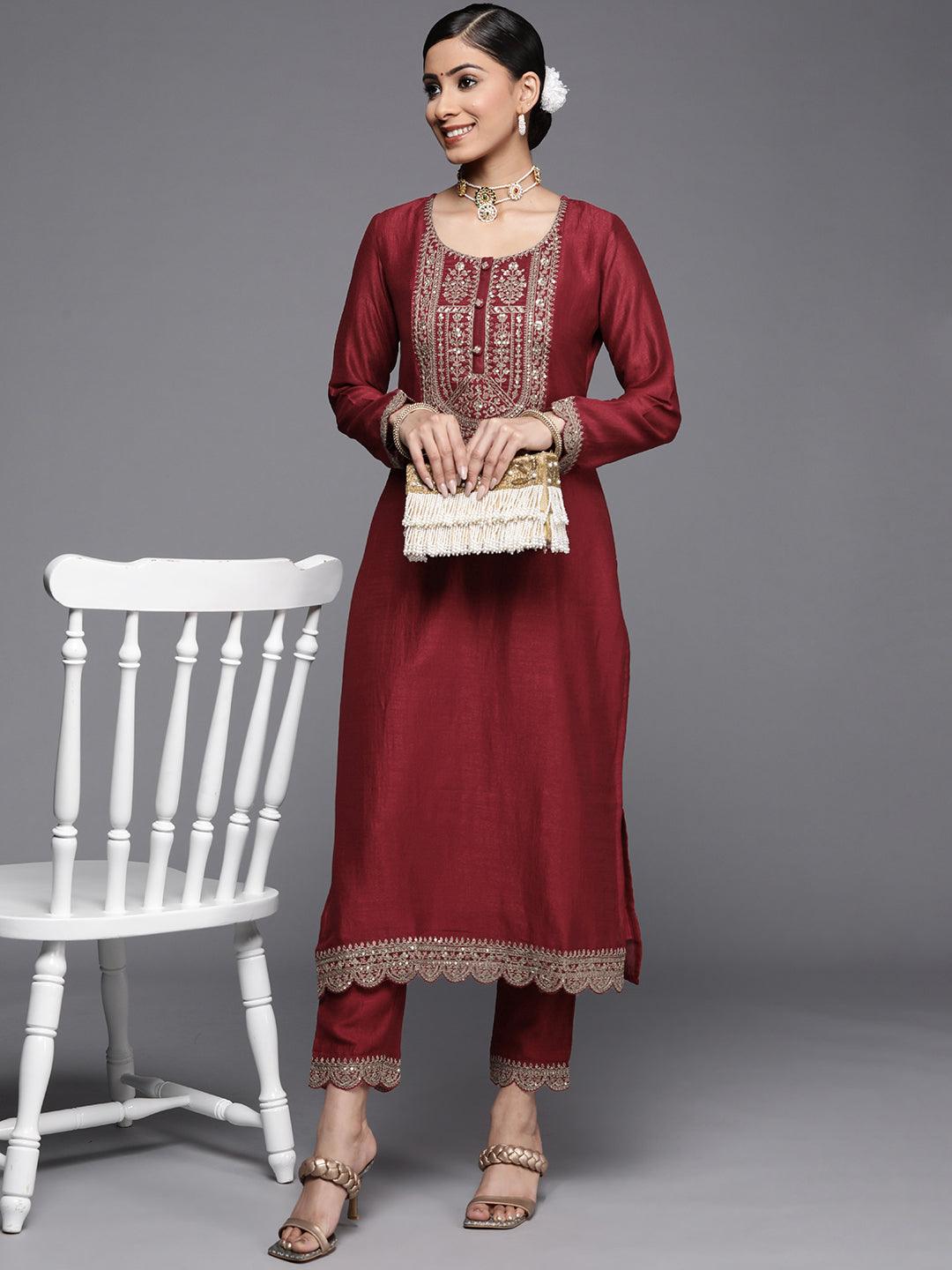 Maroon Yoke Design Silk Kurta